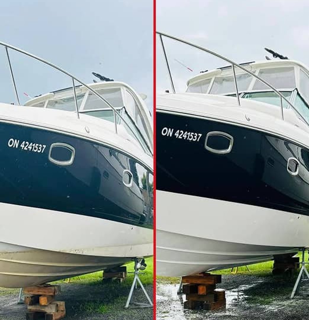 Before and after of a boat that has been softwashed in Johnstown, Ontario