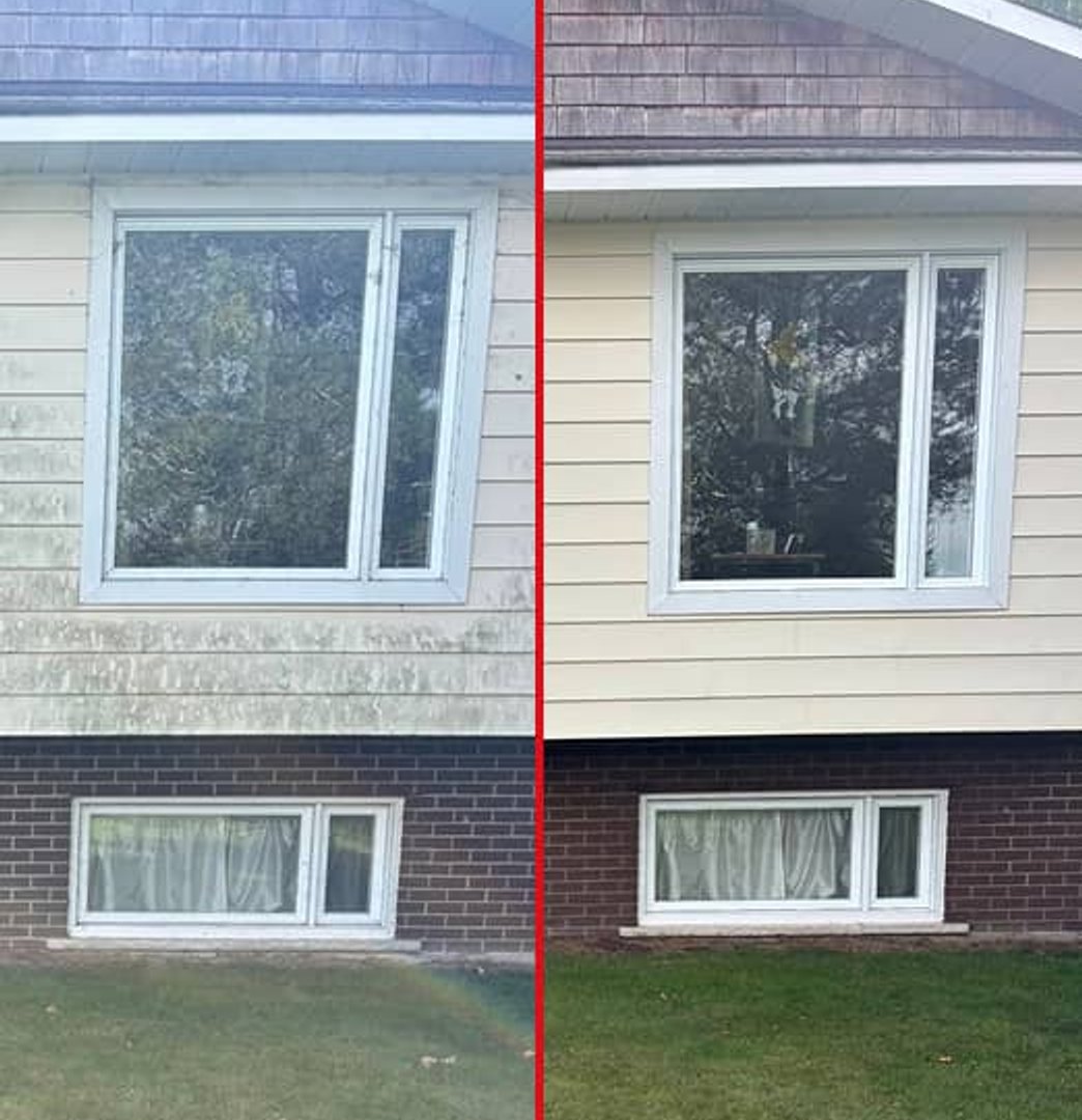 Before and after of cleaned windows on a house in Cornwall, Ontario